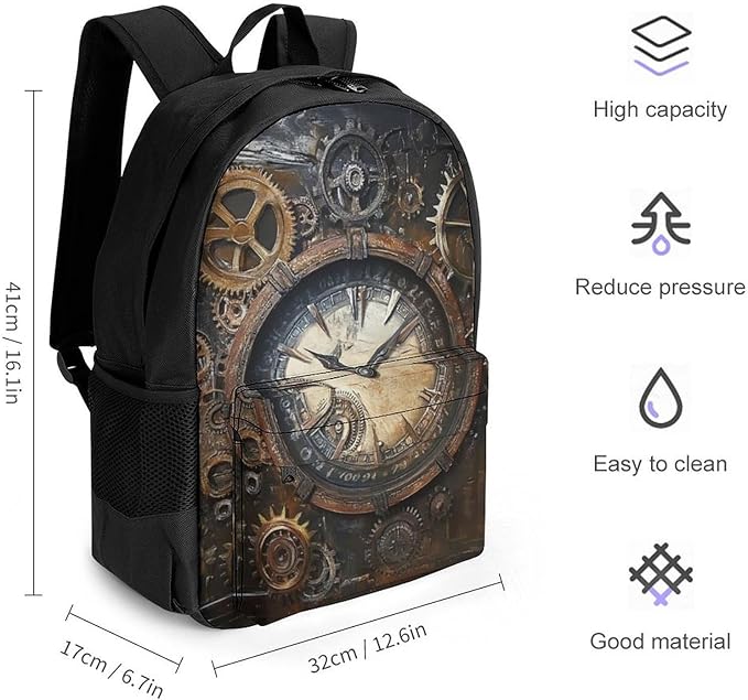 Rucksacks Multipurpose Anti-Theft Big Capacity Bookbag, Vintage Steampunk Clocks Travel Hiking Camping Rucksack With Padded Straps