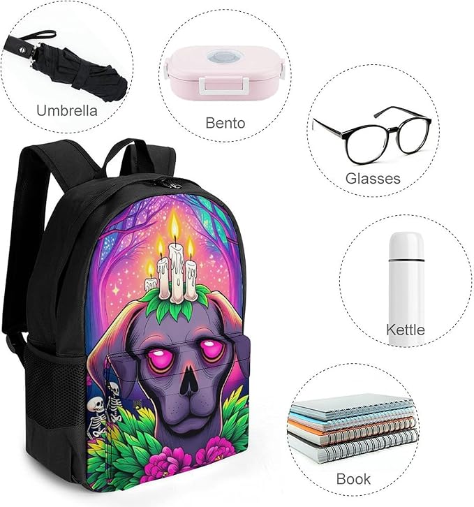 Supdreamc Men Women Polyester Surrealist Dog Halloween Skeletons Flowers Fantasy Art Daypack Backpack Large Capacity Carry On Bag With Smooth Zippers for Hiking Picnic Walking Cycling