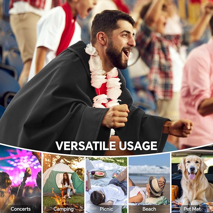 BEDELITE Large Waterproof Camping Blanket, Lightweight for Cold Weather, Foldable Fleece Stadium Blanket for Outdoor Sports, Windproof, Wearable, Machine Washable, 55" x 80",Black