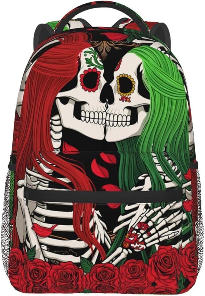 Men Women Polyester Skull Red And Green Hair Art Daypack Big Capacity Shoulder Bag With Smooth Zippers for Hiking Work Walking Cycling