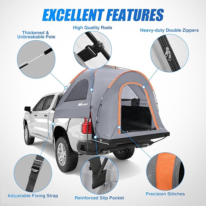 Nilight Truck Bed Tent 5.2-5.8 FT Pickup Tents with Rainfly Waterproof PU2000mm Double Layer Tent for Truck 2-Person Portable Full Size Short Tailgate Bed Tent for Camping Outdoor Travel, Orange Grey
