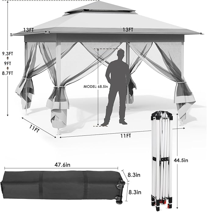 TLSUNNY 13' X 13' Pop Up Gazebo, Outdoor Canopy Tent W/4 Mesh Walls & Wheeled Bag, Screened Shelter with Netting, One-Person Set Up, Height Adjustable, for Patio, Yard, Party, Garden (Grey)