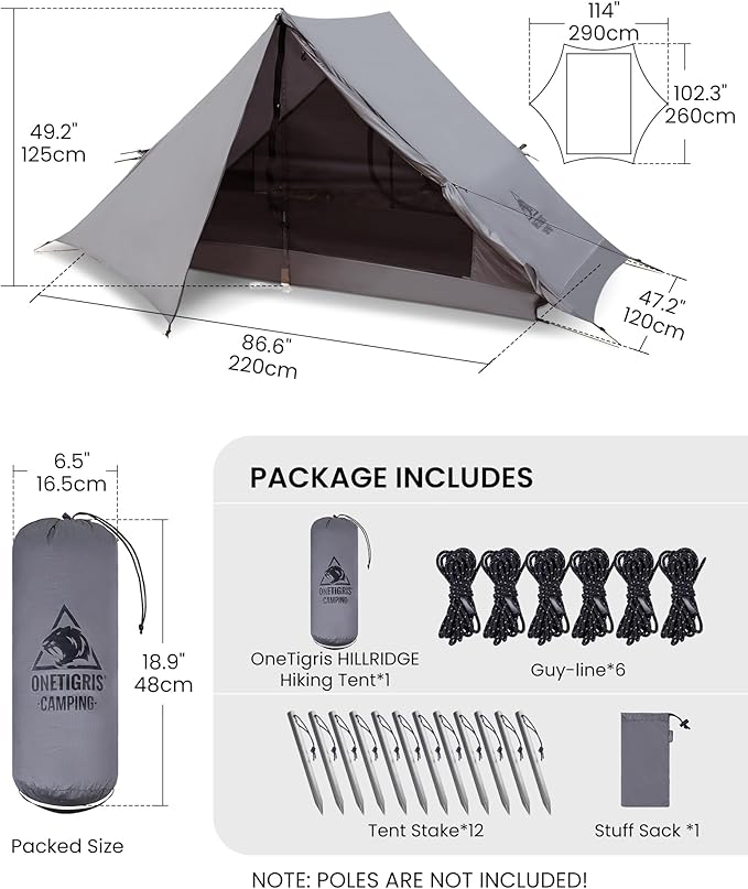 OneTigris HILLRIDGE Ultralight Backpacking Tent + Tent Poles