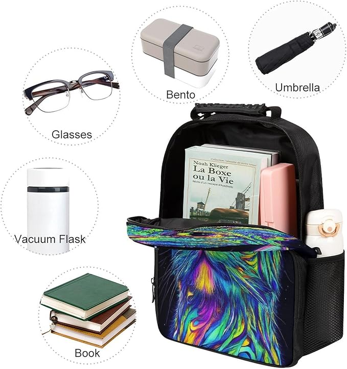 Lightweight Daypack Bookbag for Trekking Business Walking Cycling, Big Capacity Anti-Theft Multipurpose Carry On Bag, Colorful Trippy Cat Business Computer Bag