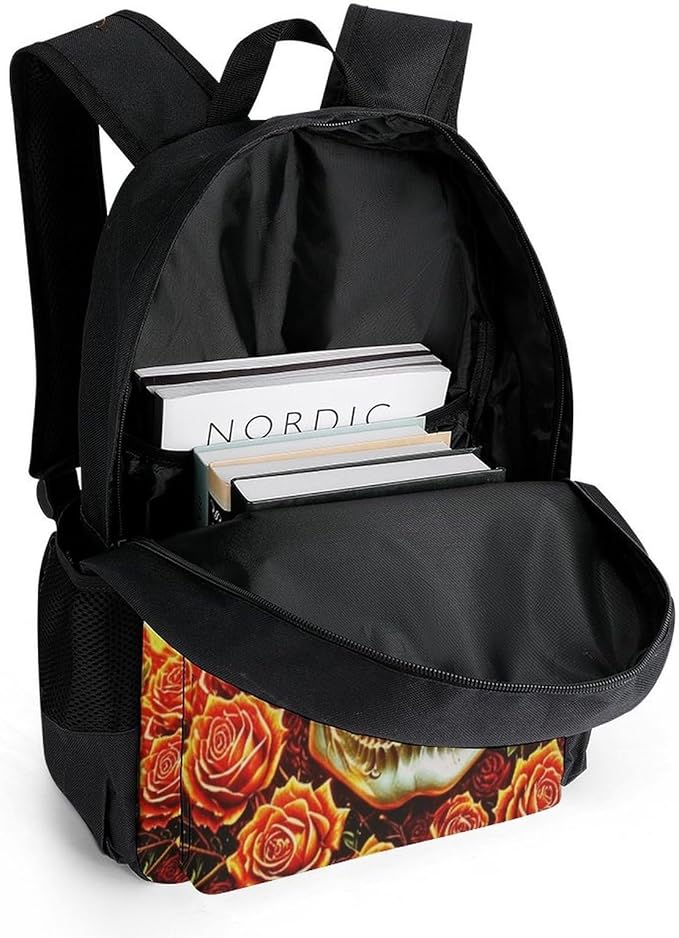 Daypack Bookbag Multipurpose Anti-Theft Big Capacity Carry On Bag, Skull Rose Fire Travel Hiking Camping Rucksack With Padded Straps