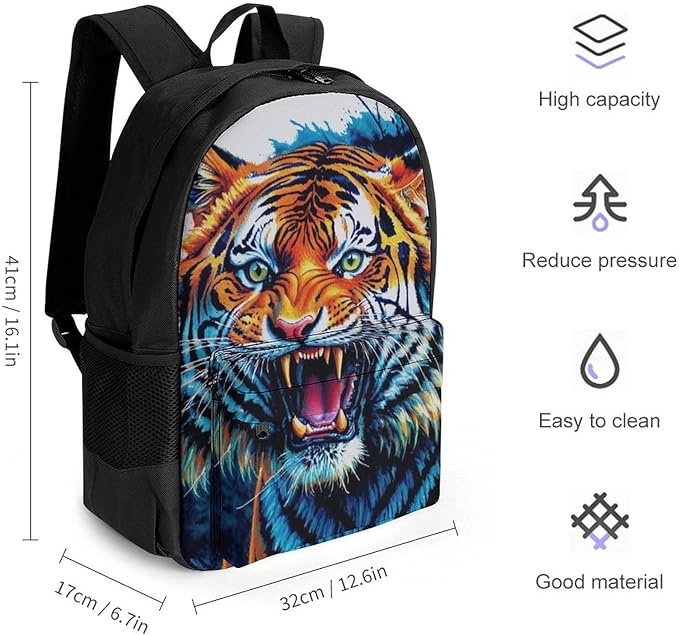 Supdreamc Men Women Polyester Blue Fierce Wild Tiger Animal King Art Casual Daypack Large Capacity Carry On Bag With Adjustable Shoulder Straps for Camping Work Running