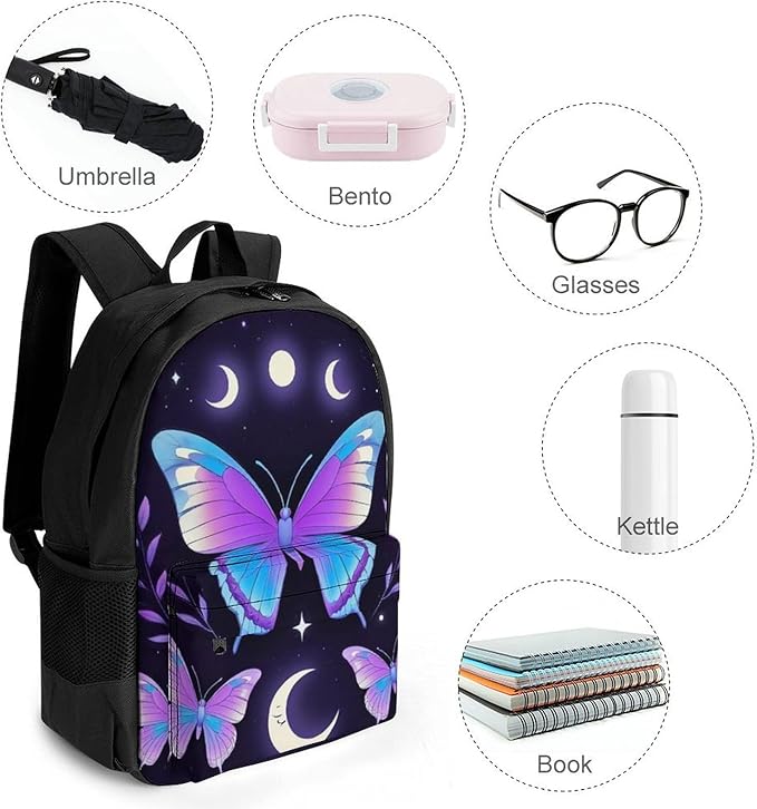 Polyester Daypack Backpack for Sports Travel Running, Big Capacity Anti-Theft Multipurpose Carry On Bag, Magic Moon Moth Mystical Goth Astrology Art Laptop Book Bag Rucksack