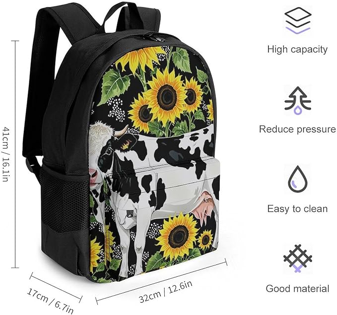 Supdreamc Polyester Daypack for Hiking Work Running, Big Capacity Anti-Theft Multipurpose Shoulder Bag, Farm Cow Sunflower Print Travel and Sport Backpack Rucksack