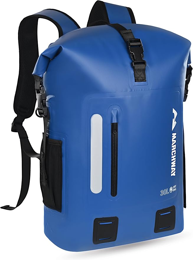 MARCHWAY Roll Top Waterproof Backpack, Floating Dry Bag 20L/30L/45L with Ergonomic Rectangular Base, Cushioned Back, Hip Strap for Hiking Camping Kayaking Travel (Blue, 30L)