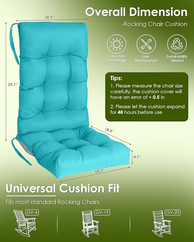 GREENVINES Rocking Chair Cushion | Polyester | Waterproof | Outdoor High Back Rocker Chairs Cushions | Seat with Ties | Non-Slip | Thickened Pad for Patio | 46.5" x 18.5" x 4.3" | Arctic