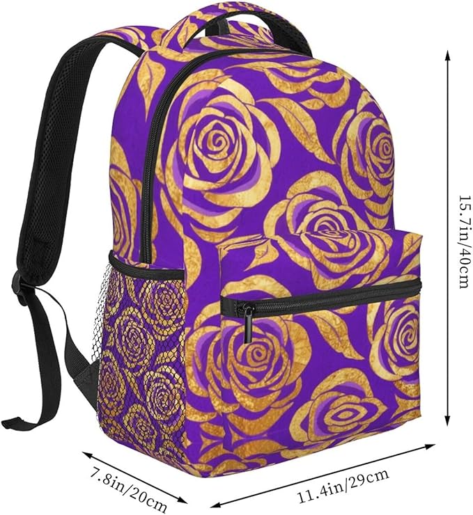Casual Daypack Multipurpose Anti-Theft Large Capacity Carry On Bag, Purple Gold Rose Art Casual Daypack Climbing Shoulder Bag With Padded Straps