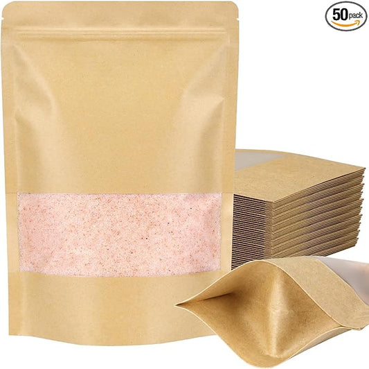 Blisstime Stand Up Pouches, 50 Pack Kraft Paper Bags with Matte Window and Tear Notch Resealable Bags for Small Business Home Use (6.5 x 8.7 Inches)