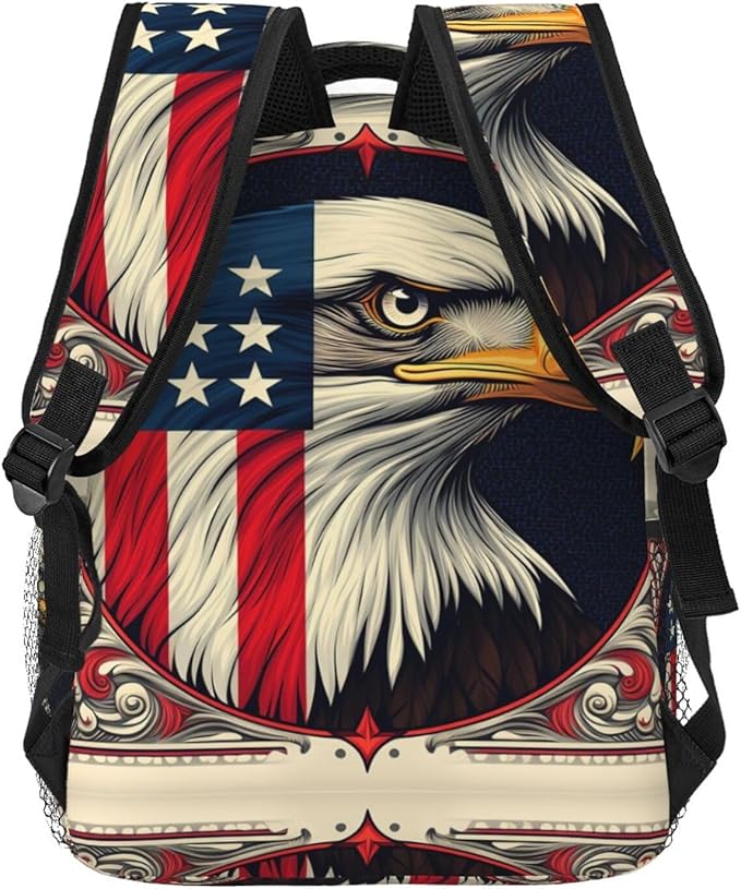 Men Women Polyester American Flag Eagle Art Daypack Backpack Large Capacity Carry On Bag With Smooth Zippers for Hiking Picnic Walking Cycling