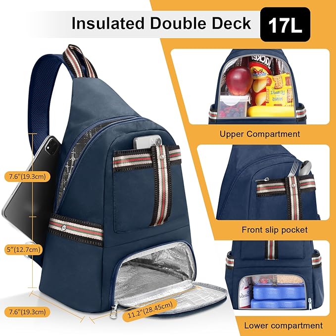 Crossbody Lunch Backpack, Double Deck Insulated Lunch Box for Men Women Adult, Leakproof Lunchbox with Side Pokets for iPad, Large Cooler Bag for Work Office Hiking Beach Picnic, Blue-pro