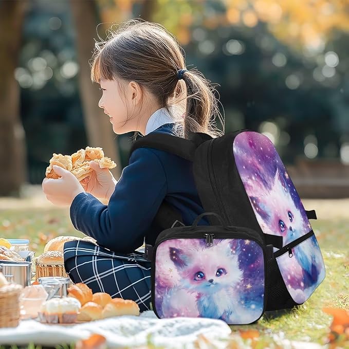 HUGS IDEA Cosmic Fox School Backpack for Girls 2 in 1 Kids Bookbag Set with Lunch Box for Preschool Kindergarten School Lightweight 17 Inch School Bag for Girls 4-6 Kids Travel Daypack