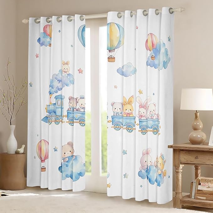 Cartoon Train Window Curtain | Cute Bear Rabbits Window Treatment Curtain for Kids Bedroom Decor,Hot Air Balloon Curtains Coquette Girly Princess Living Room Top 2 Panels,38Wx45L