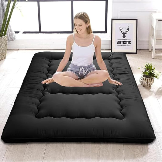Japanese Floor Mattress,Thicken Japanese Floor Sleeping Pad Foldable,Roll Up Tatami Mat Easy to Store and Portable,Futon Mattress Suitable for Camping and Guest Room (Black, Queen (80" X 60"))