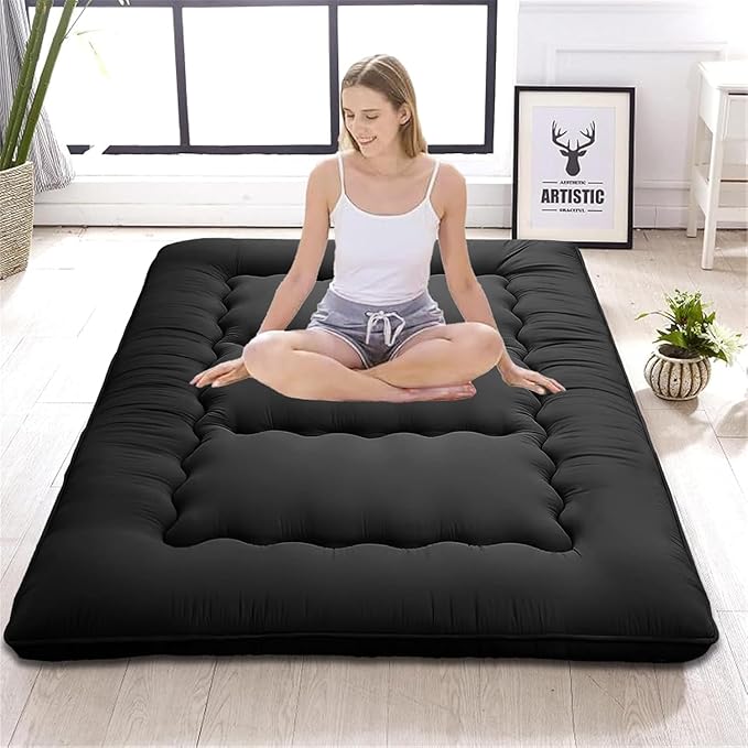 Floor Mattress Japanese Futon Foldable Sleeping Pad, Portable Roll Up Tatami Mat for Camping Guest Room, Black, Full (80" X 47")