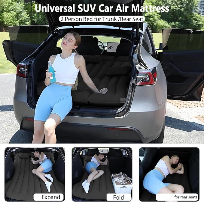 Car Air Mattress, Inflatable Bed Compatible with Tesla Model Y, Thickened Comfortable Durable, Foldable Mattress for Trunk/Rear Seat, Air Bed for Sleep Camping Travel (Black)