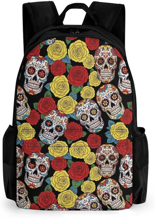Lightweight Daypack Bookbag for Trekking Business Walking Cycling, Big Capacity Anti-Theft Multipurpose Carry On Bag, Mexican Day Dead Rose Sugar Skulls Art Business Computer Bag