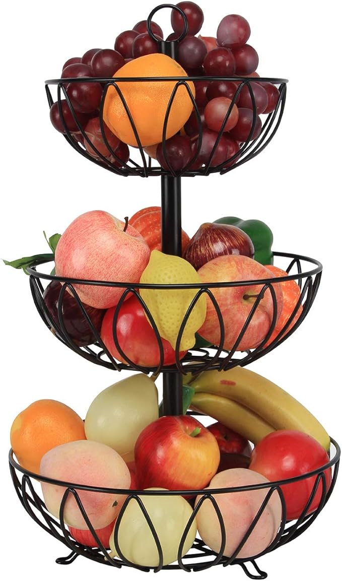 Rice rat 3-Tier Fruit Bowl Metal Wire Fruit Basket Bread Vegetable Organizer Storage Organizer Black Cast Iron