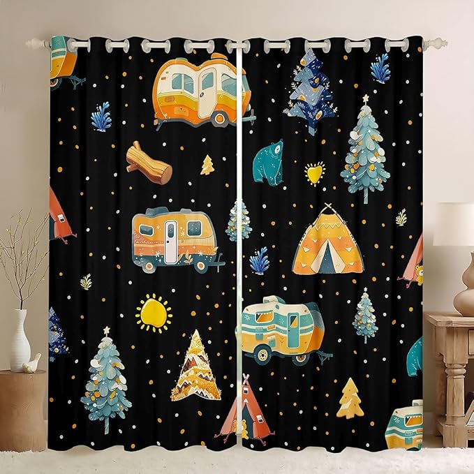 Feelyou Adventure Camping Curtains for Bedroom Living Room Camper Picnic Blackout Darkening Drapes Happy Camping Black Window Treatments, 2 Panels 38 x 54 Inch Room Decor