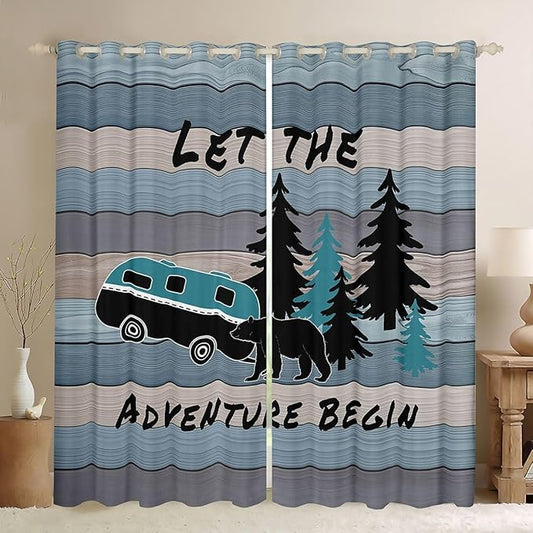 Camper Adventure Blackout Curtains,Bear Pine Tree Rustic Farmhouse Blackout Curtains,Wooden Plank Cottage Cabin Boys Girls Room Decor,Blue Black 2 Panels,52Wx84L inch