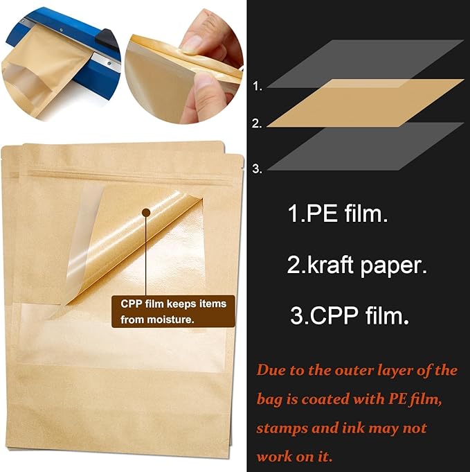 Blisstime Stand Up Pouches, 50 Pack Kraft Paper Bags with Matte Window and Tear Notch Resealable Bags for Small Business Home Use (5.5 x 7.3 Inches)