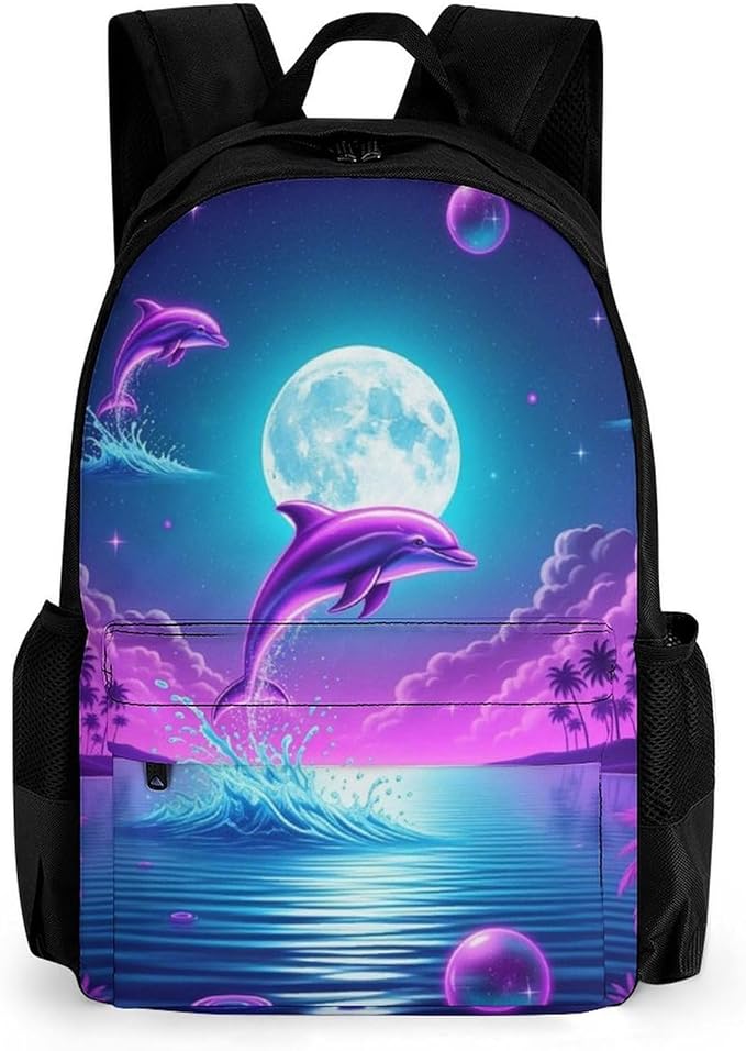 Polyester Daypack for Camping Travel Walking Cycling, Big Capacity Anti-Theft Multipurpose Bookbag, Full Moon Dolphin Purple Blue Camping Outdoor Backpack