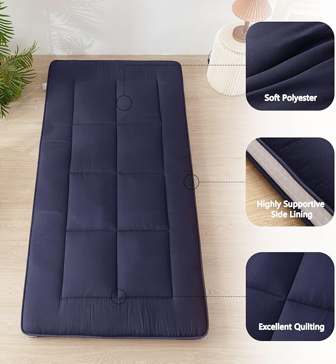 MAXYOYO Japanese Floor Mattress Futon Mattress Twin Bed Mattress, Single Mattress Pad Guest Mattress Floor Bed Mattress, Easy to Foldable and Portable, Navy Futon Twin Mattress