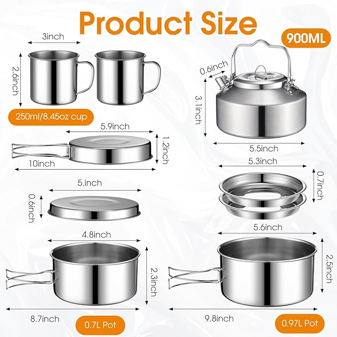 15 Pcs Camping Cookware Mess Kit Outdoor Cooking Set Stainless Steel with Pot and Pan Kit 2 Set Stainless Steel Cups Plates Forks Knives Spoons for Camping Backpacking Cooking Picnic