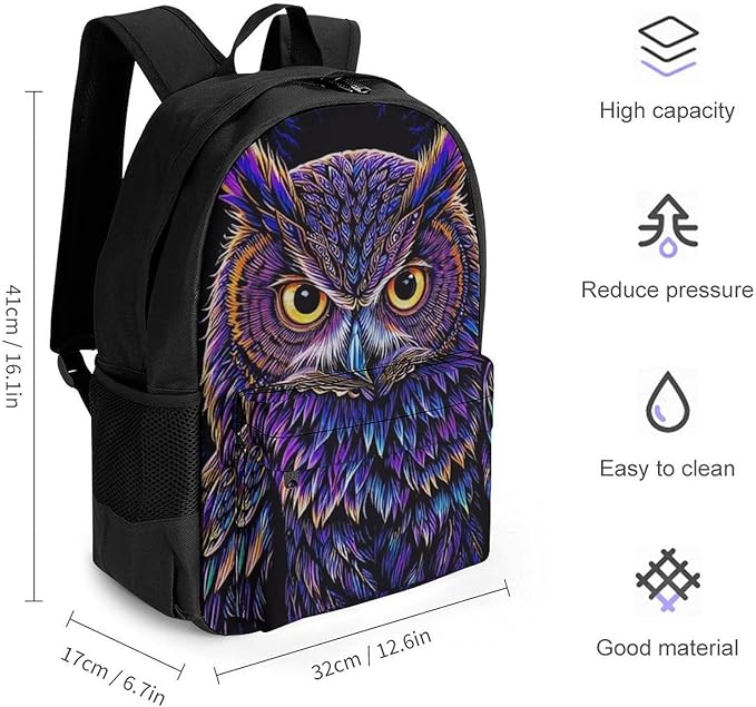 Supdreamc Daypack Bookbag Anti-Theft Multipurpose Large Capacity Bookbag, Purple Owl Travel Hiking Camping Rucksack With Adjustable Shoulder Straps
