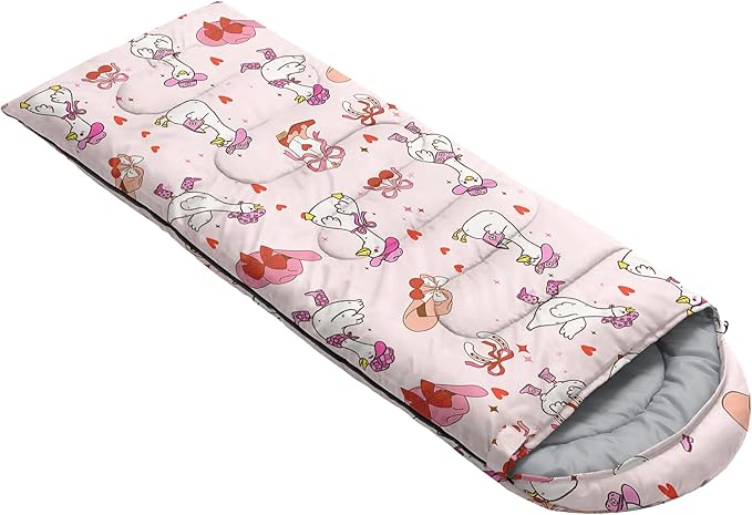 AILONEN Girls Pink Camping Sleeping Bags,Lightweight & Waterproof,3 Season Warm & Cool Weather,Cute Bow Duck Print Sleeping Bags for Kids,Girls,Adults Travelling,Outdoors