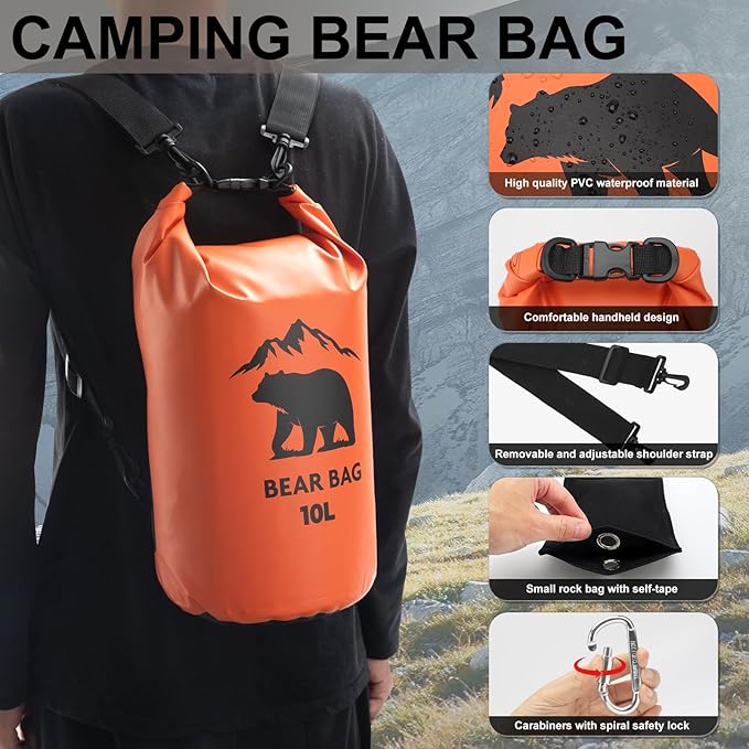 1 Set Bear Bags for Food Backpacking 10L Bear Food Bag Hanging System Bear Proof Food Storage Includes Waterproof Bear Bag, Rock Pouch, Hooks and Nylon Ropes for Camping Hiking (10 L, Orange)