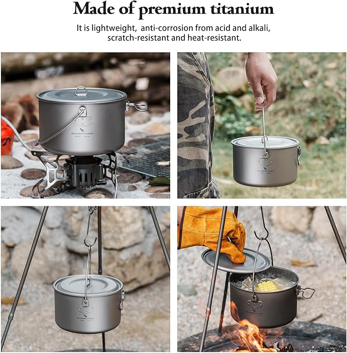 Boundless Voyage Titanium Hanging Pot for Outdoor Camping Backpacking Hiking Ultralight Portable Cooking Pot Camp Kitchen Cookware 1300ML/1950ML/2900ML