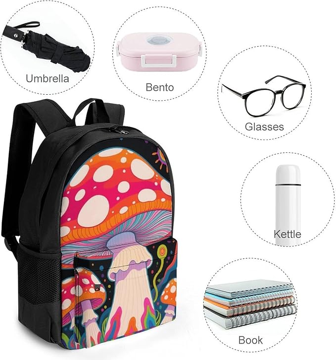 Backpack Polyester Anti-Theft Multipurpose Psychedelic Mushroom Art Bookbag Large Capacity Laptop Book Bag Rucksack With Side Pockets