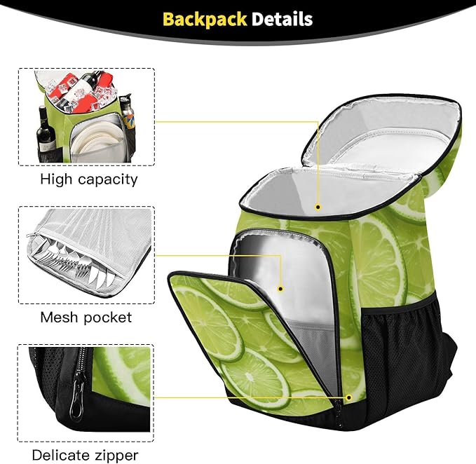 YETTASBIN Leakproof 36 Cans Cooler Backpack for Men Women - Lime Lemon Insulated Backpack Cooler Large Capacity Waterproof Lunch Bag for Hiking, Camping, Beach, Fishing, Work