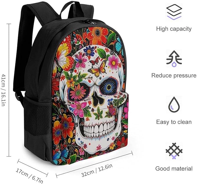 Supdreamc Lightweight Daypack Bookbag for Trekking Business Walking Cycling, Big Capacity Anti-Theft Multipurpose Carry On Bag, Magical Skull Flowers Art Business Computer Bag