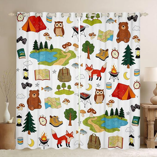 jejeloiu Camper Curtains for Bedroom Living Room Happy Camping Blackout Darkening Drapes Wild Animal Window Treatments, 2 Panels 52 x 90 Inch RV Camping Room Decor