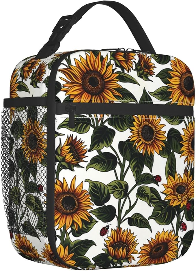 Reusable Sunflower Lunch Box for Kids Girls Boys Women Adult, Insulated Floral Ladybug Lunch Bag,Polyester Cooler Flower Handbags Case for School Picnic Work Travel Beach or Hiking (White)