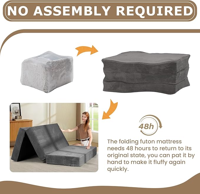 6-Inch Tri-Fold Mattress Queen Size - Foldable Futon Sofa Bed with Removable Washable Cover, Folding Memory Foam Futon Mattress | Non-Slip Bottom & Carry Handles for Guest, Camping, Dorm