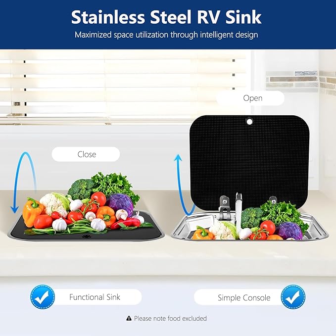 Portable RV Sink, 16.54×14.57×5.91 Inch Small Stainless Steel Bar Camping Sink with Folde Faucet and Tempered Glass Cover for Camper Trailer Caravan
