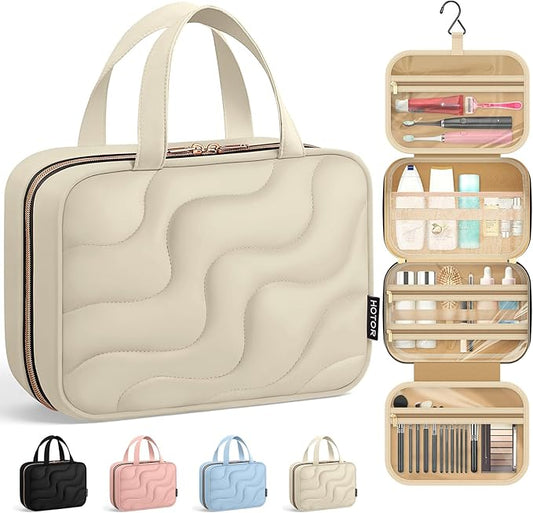 HOTOR Hanging Toiletry Bag - Spacious Travel Toiletry Bag for Women & Men, Multi-Pocket Makeup Organizer, Travel & Cruise Essentials for Business Trip, Gym, Beige, 11.0" x 8.7" x 3.9"