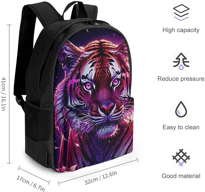 Men Women Lightweight Beautiful Flower Wild Animal Tiger Abstract Art Daypack Bookbag Big Capacity Carry On Bag With Side Pockets for Camping Travel Bicycle