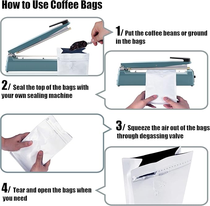 50 Pack Coffee Bags with Aluminum Foil and Degassing Valve, Resealable High Barrier Storage Bags, Odor-Proof for Coffee Beans, Stand Up Coffee Pouch, Flat Bottom (Medium-12OZ, White)