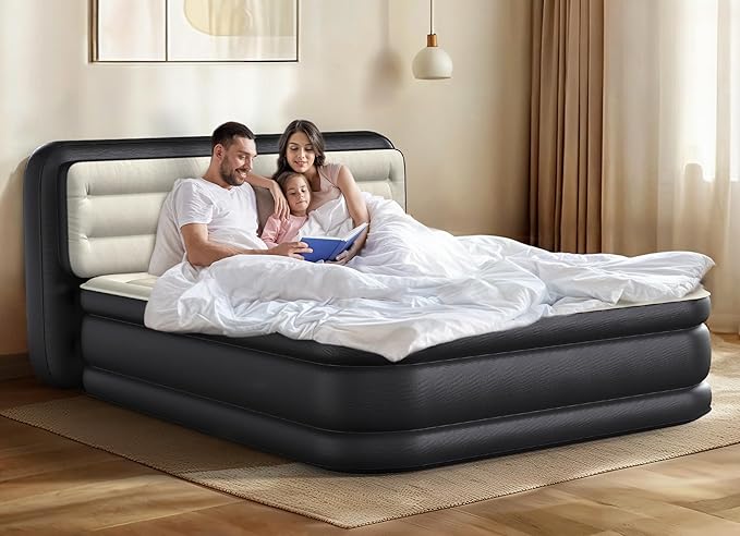 YITAHOME Queen Size Air Mattress with Pump and Banded Headboard, 18in Luxury Flocked Top Blow up Mattress, Durable Inflatable Mattress for Home & Guests, Black AirBed