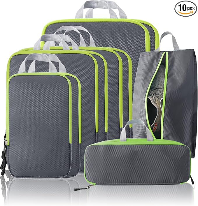 Compression Packing Cubes, 10 Set Packing Cubes for Travel Compression, Lightweight Compressible Package Organizer for Carry On and Suitcases, Grey and Green
