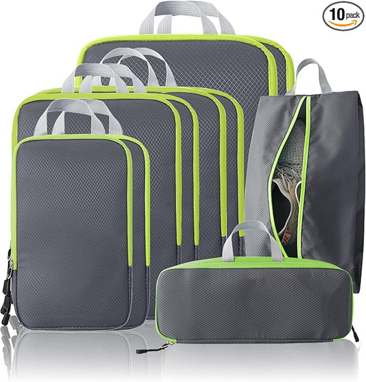 Compression Packing Cubes, 10 Set Packing Cubes for Travel Compression, Lightweight Compressible Package Organizer for Carry On and Suitcases, Grey and Green