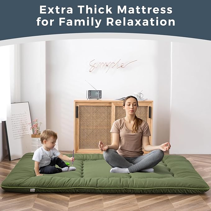 MAXYOYO 6" Extra Thick Japanese Floor Mattress Futon Mattress, Foldable Tatami Pad for Adults, Roll Up Floor Bed for Guest Room Bedroom RV, Green, Queen