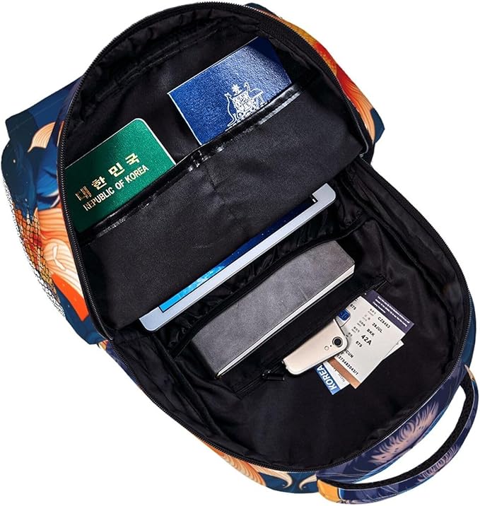 Shoulder Book Bags Anti-Theft Multipurpose Big Capacity Bookbag, Watercolor Tiger Gold Fish Art Travel Hiking Backpack With Smooth Zippers